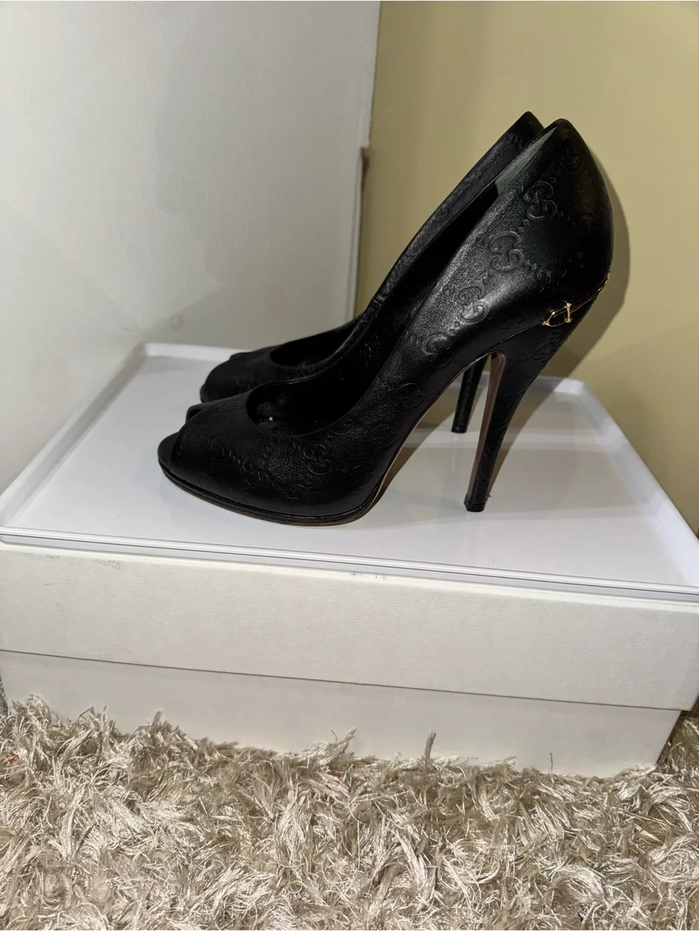 Gucci Black Embossed GG Peep-Toe Stiletto Pumps